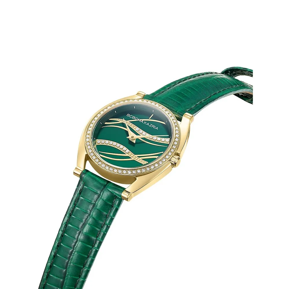 Montre dorée avec bracelet ondulé en cuir vert estampé BAWLA0000301