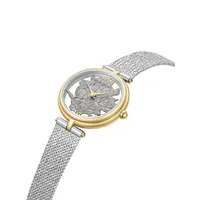 Open Floral Dial Stainless Steel Mesh Bracelet Watch BAWLG0000801