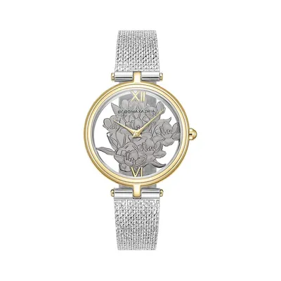 Open Floral Dial Stainless Steel Mesh Bracelet Watch BAWLG0000801