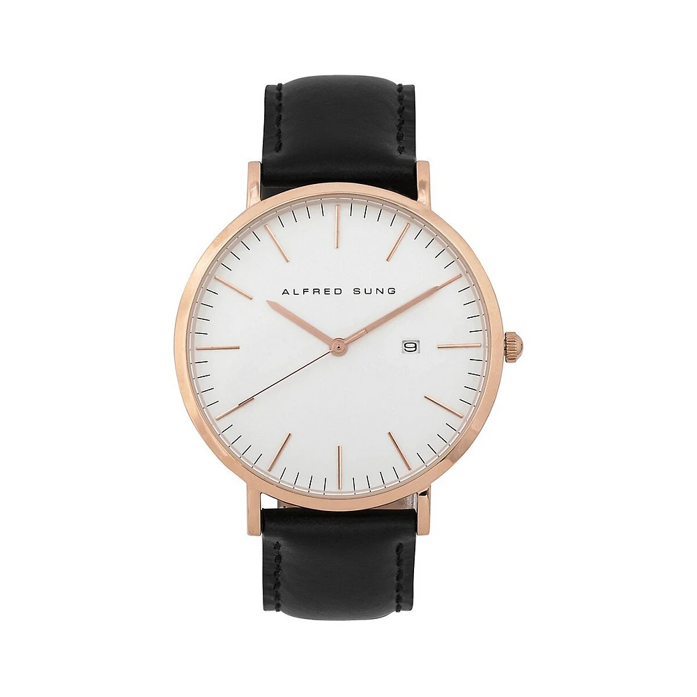 Montre en cuir noir ASM-0055 rose doré en acier inoxydable