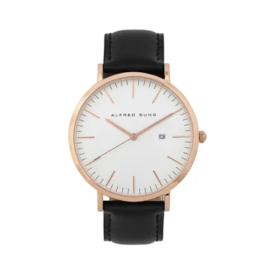 Rosegold Stainless Steel & Black Leather Watch ​ASM-0055