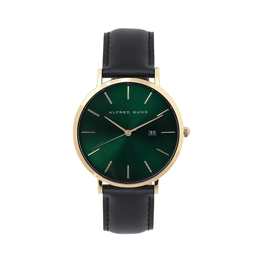 Montre ASM-0032 en acier inoxydable doré avec bracelet en cuir