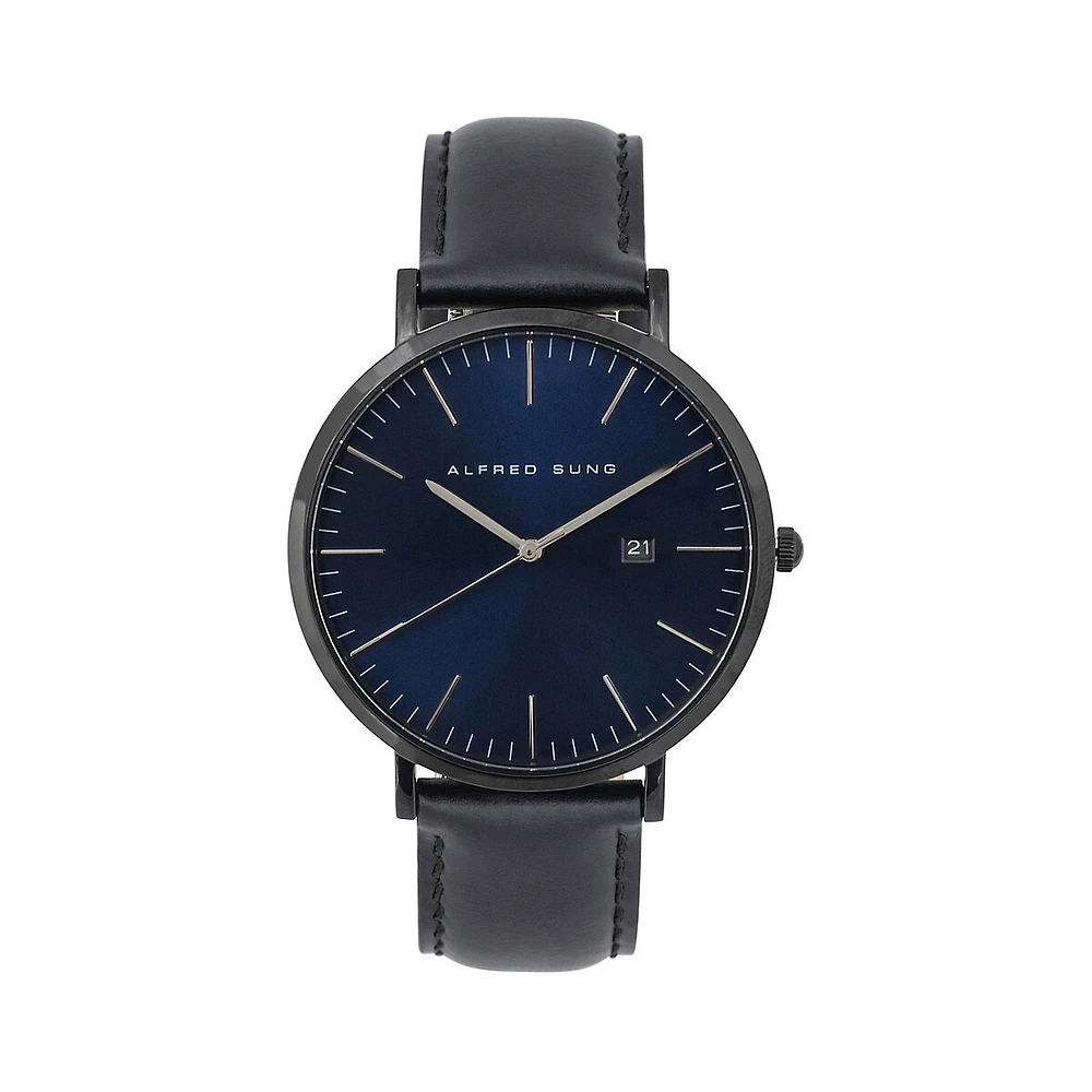 Montre en acier inoxydable noir ASM-0040 avec bracelet en cuir