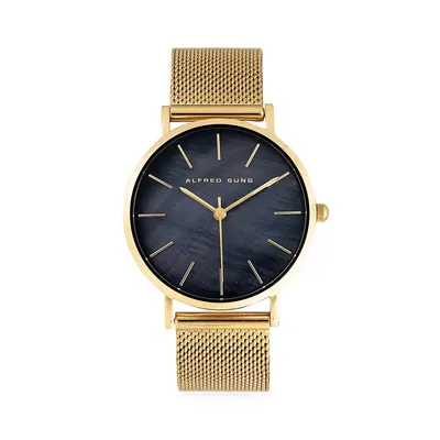 Goldtone Stainless Steel, Black Mother-Of-Pearl & Mesh Strap Watch ASM-0043