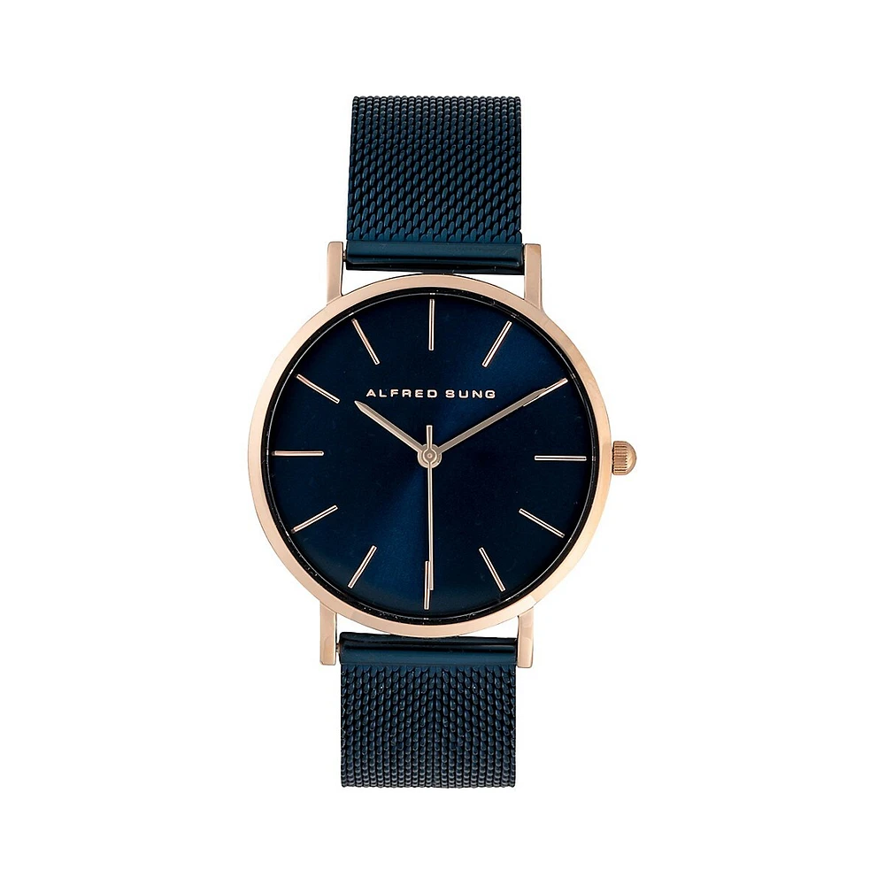 Montre à bracelet milanais bleu avec boîtier rose doré ASM-0044