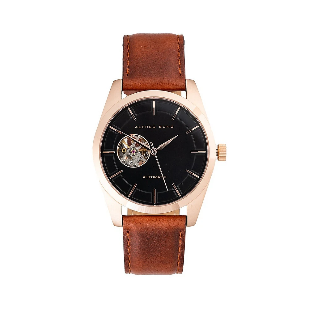 Automatics Rose Goldtone Stainless Steel Case and Leather Strap Watch ASM-0103