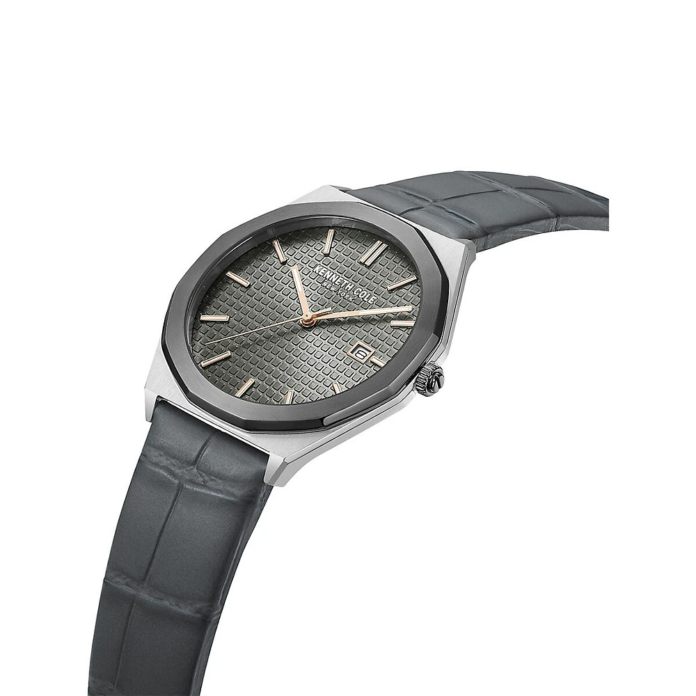 Modern Classic Gunmetal-Tone Stainless Steel & Leather Strap Watch KCWGB2234202