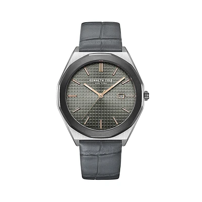 Modern Classic Gunmetal-Tone Stainless Steel & Leather Strap Watch KCWGB2234202