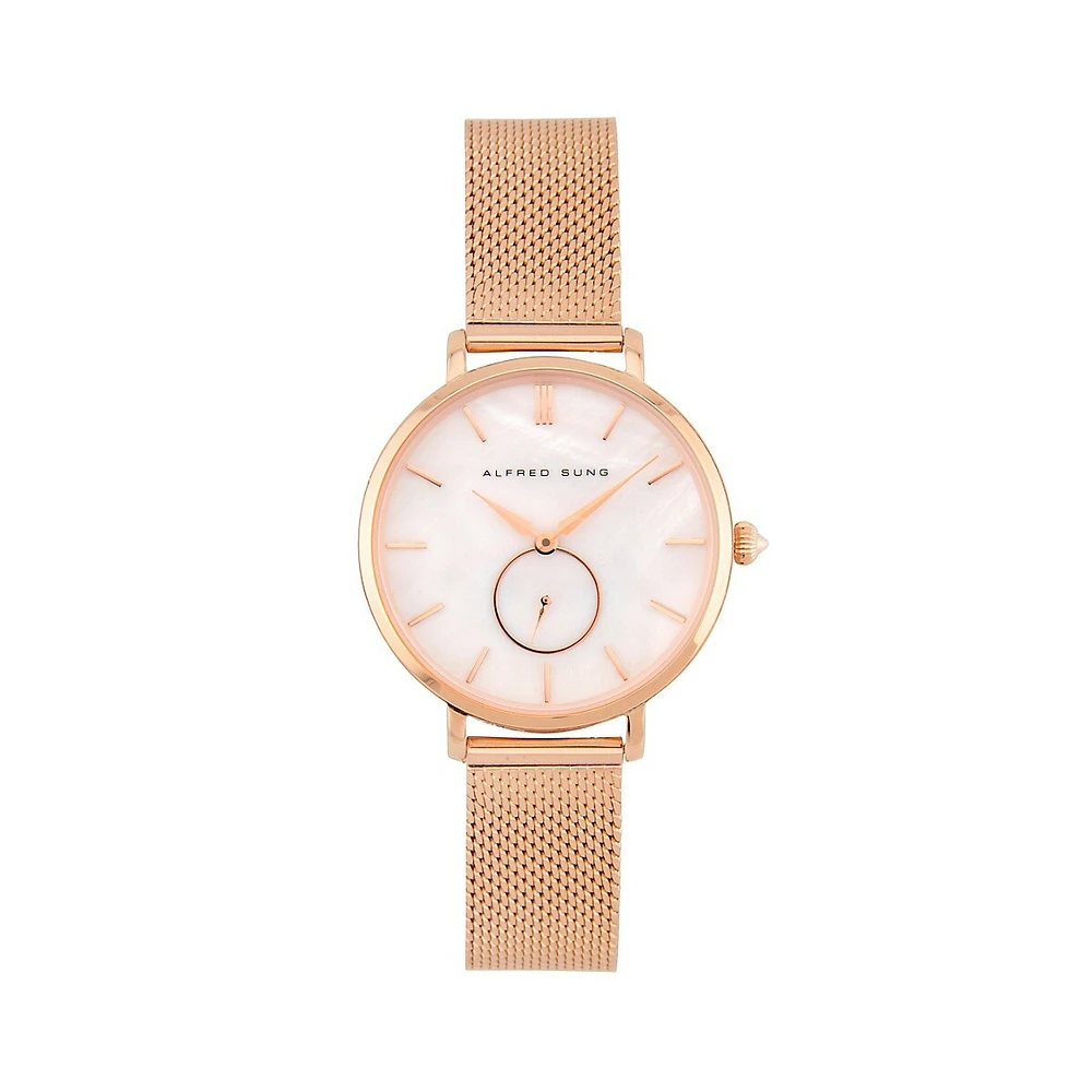 Rose Goldtone Stainless Steel & Mother-Of-Pearl Mesh Bracelet Watch ASM-0098