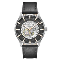 Automatic Openwork Black Leather Strap Watch KCWGX0057902