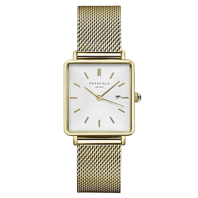 Montre carrée avec bracelet en maille d'acier inoxydable doré et laiton QWSG-Q03B