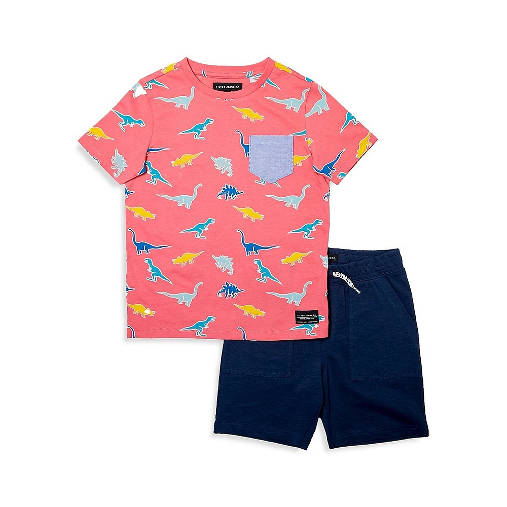 Little Boy's 2-Piece Dino-Print T-Shirt & Knit Shorts Set