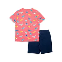 Little Boy's 2-Piece Dino-Print T-Shirt & Knit Shorts Set