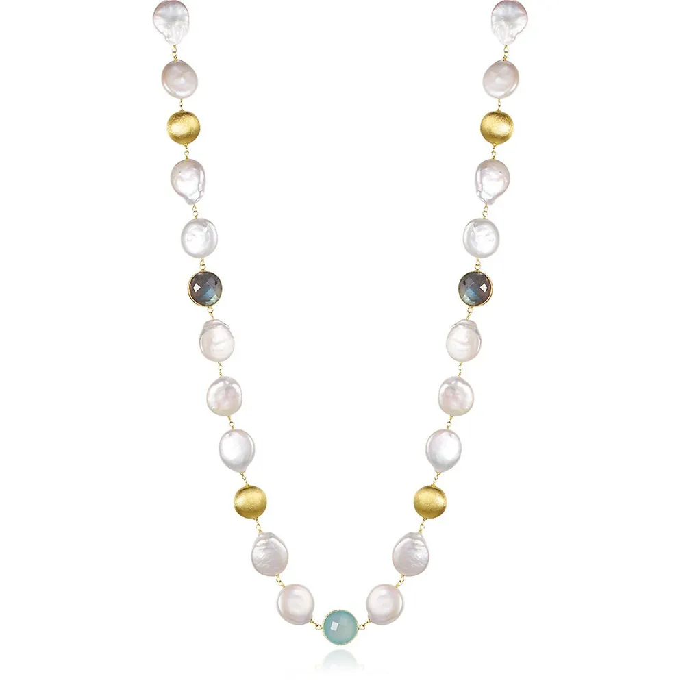 Piara 12-13mm White Freshwater Pearls, Labradorite and Aqua Chalcedony  Necklace