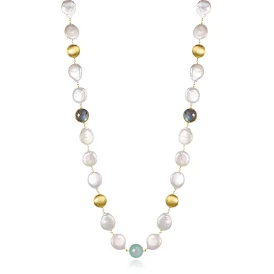 12-13mm White Freshwater Pearls, Labradorite and Aqua Chalcedony Necklace
