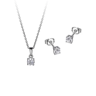 Sterling Silver & Cubic Zirconia 4MM Round Stud Earrings & 5MM Round Pendant Necklace Set