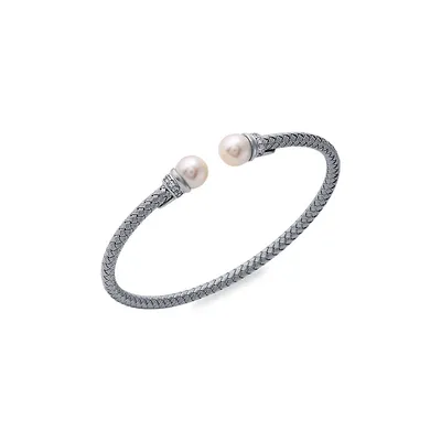 Perla Sterling Silver Rhodium Plated Woven Pearl & Cubic Zirconia Bangle