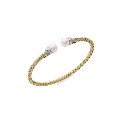 Bracelet jonc Perla en argent sterling plaqué or 18 ct tissé avec zircons cubiques et perles