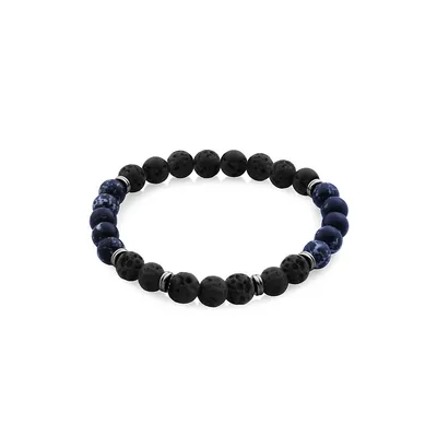 Bracelet en perles d'acier inoxydable, perles volcaniques et perles lapis-lazuli bleu