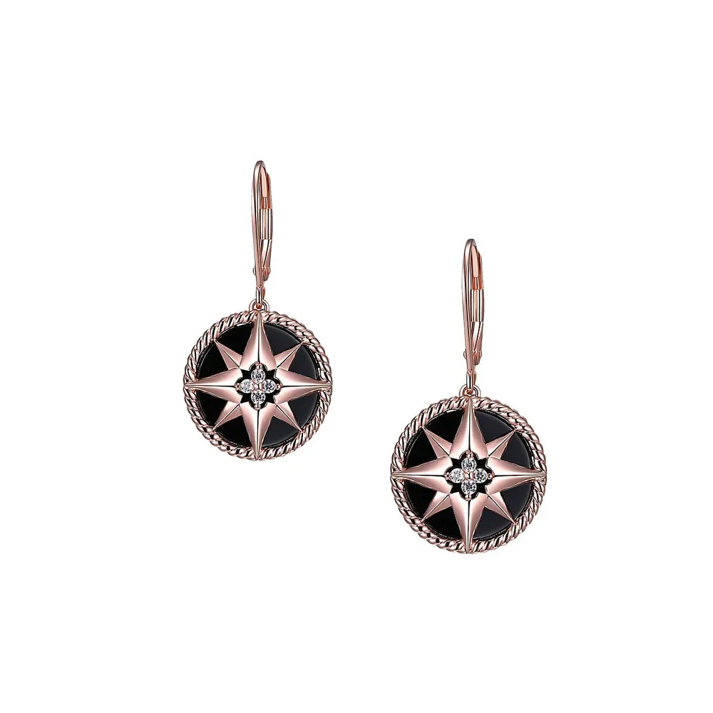 Pendants d'oreilles à motif d'étoile Stella en argent sterling rhodié avec agate noire et zircons cubiques