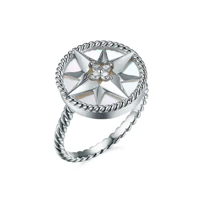 Bague à motif d'étoile Stella en argent sterling rhodié avec nacre et zircons cubiques