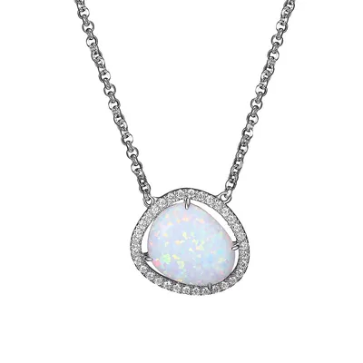 Collier à pendentif halo en argent sterling plaqué rhodium avec opale et cristaux
