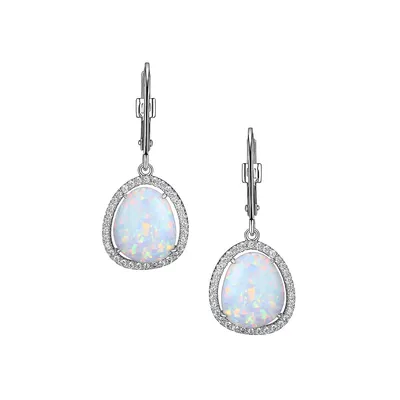 Boucles d'oreilles halo en argent sterling plaqué rhodium avec cristaux et opale synthétique