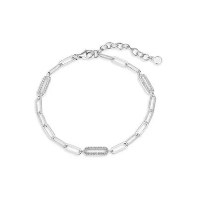 Sterling Silver Cubic Zirconia Station Paperclip Link Bracelet