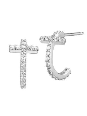 Cubic Zirconia Sterling Silver Cross & Hoop Earrings