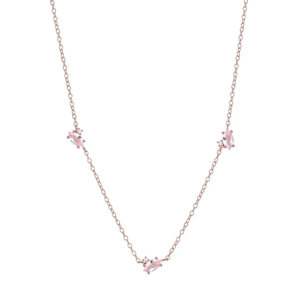 18K Rose Goldplated Sterling Silver, Simulated Morganite & Cubic Zirconia Marquise 3-Stone Necklace