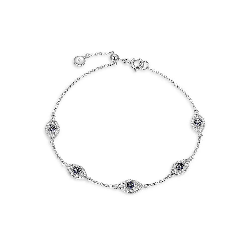 Sterling Silver Cubic Zirconia, Black Spinel & Created Sapphire Evil Eye Stone Adjustable Bracelet