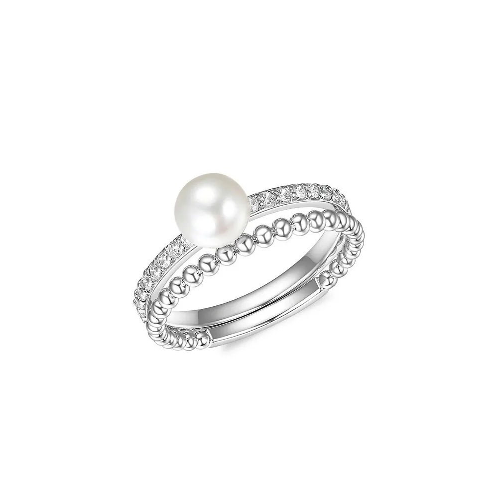 Sterling Silver Cubic Zirconia 6.5MM-7MMGenuine White Pearl Solitaire Ring Set