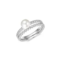 Ensemble de bague à solitaire en argent sterling avec zircon cubique de 6,5 mm, perle blanche véritable et bande perlée argentée.