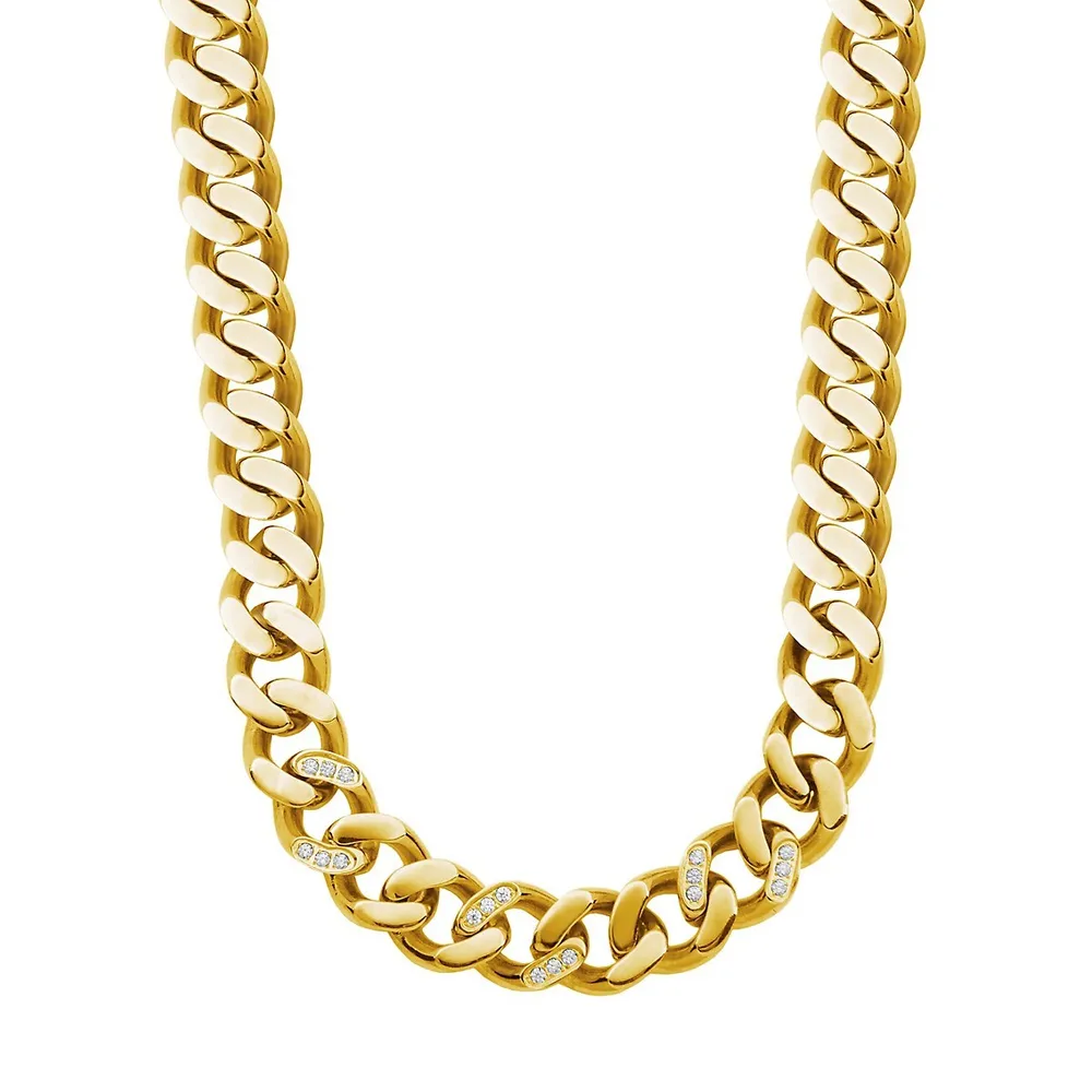 Ionic-Goldplated Stainless Steel & Cubic Zirconia Heavy Curb Chain Necklace - 22-Inch x 12MM