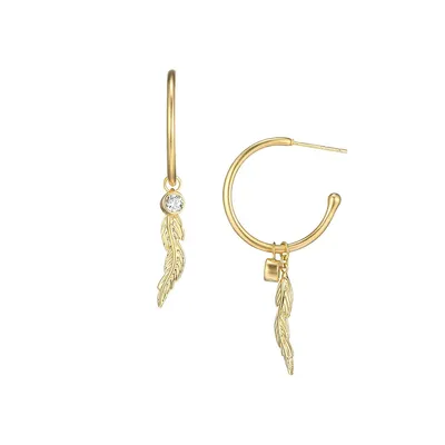 Paj 18K Goldplated Sterling Silver Cubic Zirconia Feather Charm C-Hoop Earrings