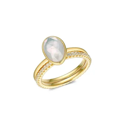2-Piece Paj 18K Goldplated Sterling Silver, Cubic Zirconia & Oval Mother Of Pearl Doublet Ring Set