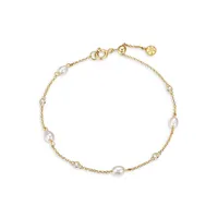 Paj 18K Goldplated Sterling Silver, 6MM White Freshwater Pearl & Cubic Zirconia Station Bracelet