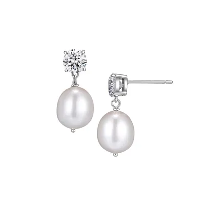 Paj Rhodium-Plated Sterling Silver 11 MM White Freshwater Oval Pearl & Round Cubic Zirconia Drop Earrings