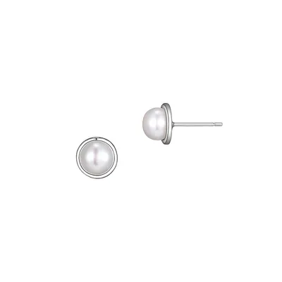 Paj Rhodium-Plated Sterling Silver & 7-7.5MM White Freshwater Pearl Stud Earrings