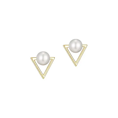 Paj 18K Goldplated Sterling Silver, Cubic Zirconia & 5-5.5MM Freshwater Pearl Triangle Stud Earrings