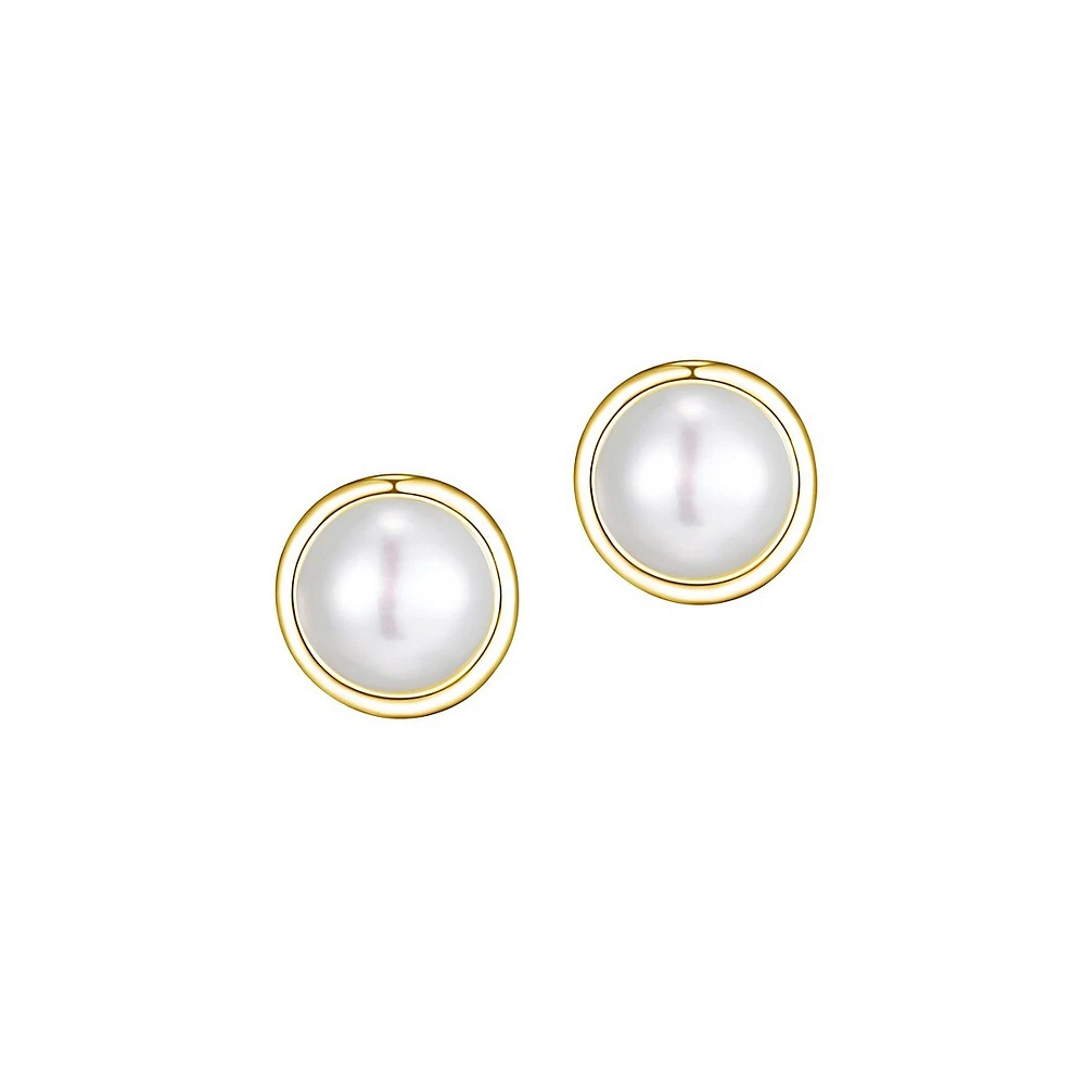 18K Goldplated Sterling Silver 7-7.5MM White Pearl Bezel Stud Earrings