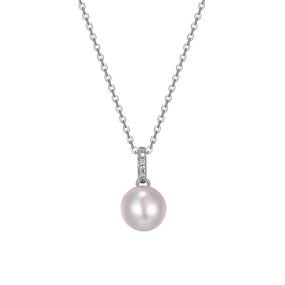 Paj Rhodium-Plated Sterling Silver, 8.5-9MM White Pearl & Cubic Zirconia Pendant Necklace