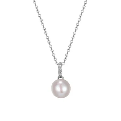 Paj Rhodium-Plated Sterling Silver, 8.5-9MM White Pearl & Cubic Zirconia Pendant Necklace