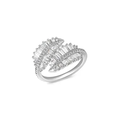 Paj Rhodium-Plated Sterling Silver Baguette Cubic Zirconia Bypass Leaf Ring