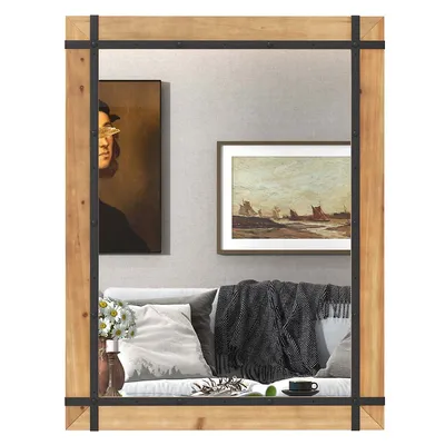 Rectangular Wall Mirror 30" X 40" Farmhouse Decorative Vanity Fir Wood Frame