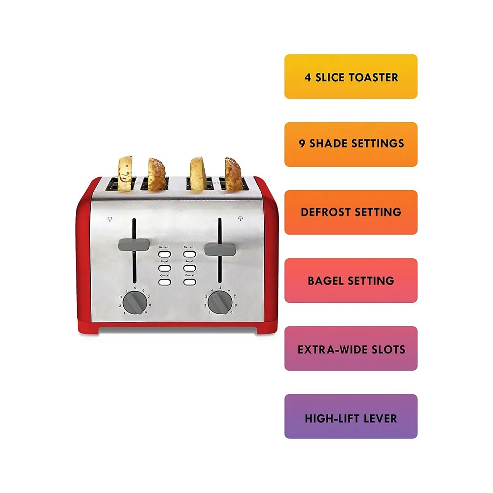 Kenmore 4-Slice Toaster, Red Stainless Steel, Dual Controls, Extra