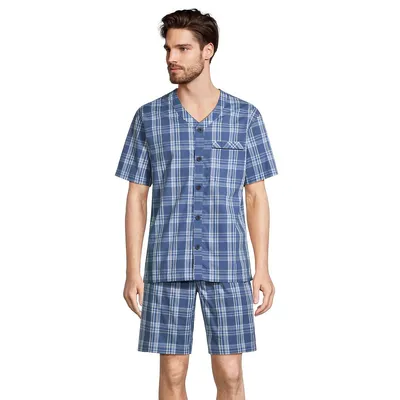 2-Piece V-Neck Short-Sleeve Plaid Poplin Pyjama Set