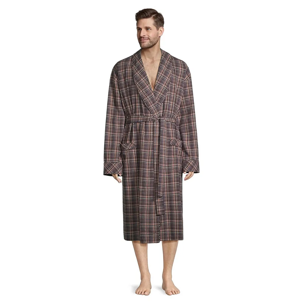 Mens Long Sleeve Plaid Flannel Robe