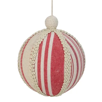 6" White And Red Striped Ball Christmas Ornament With Rope Accent