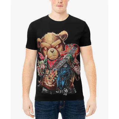 Men's Rhinestone Studded Rock And Roll Teddy Bear Graphic T-shirt